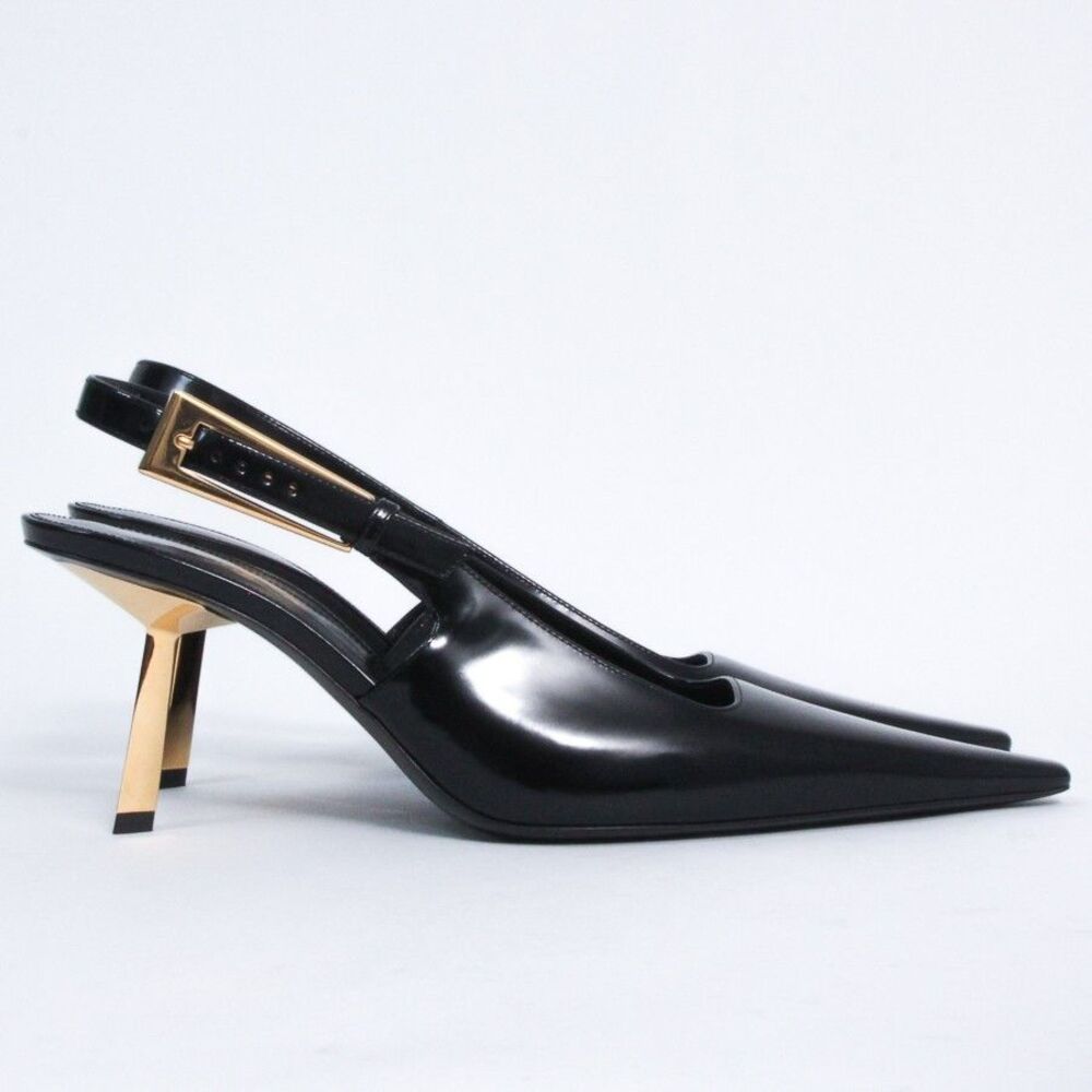 Saint Laurent YSL Lee Slingback Pumps Black Leather Gold Heel Shoes 39.5 NIB - Picture 6 of 13